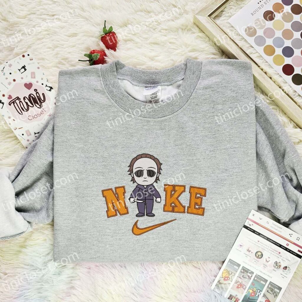 Chibi Michael Myers Embroidered Shirt, Horror Movie Embroidered Hoodie, Halloween Embroidered Sweatshirt