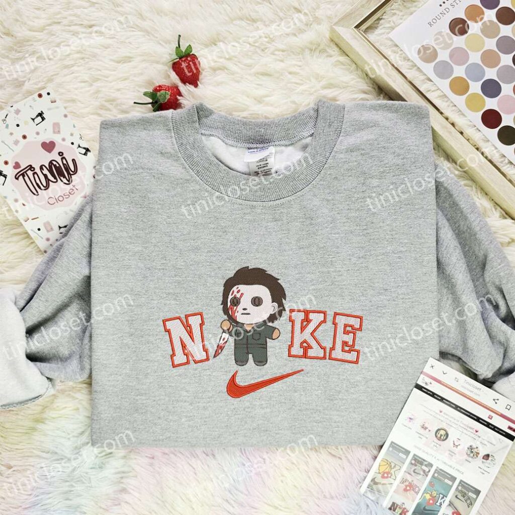 Chibi Michael Myers Embroidered Shirt, Horror Movie Embroidered Hoodie, Halloween Embroidered Sweatshirt