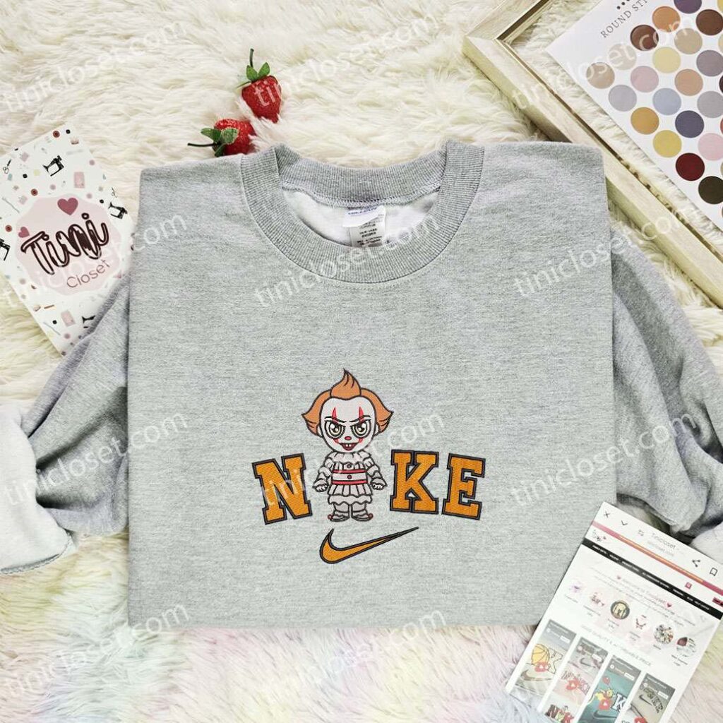 Chibi Pennywise Embroidered Shirt, Horror Movie Embroidered Hoodie, Halloween Embroidered Sweatshirt