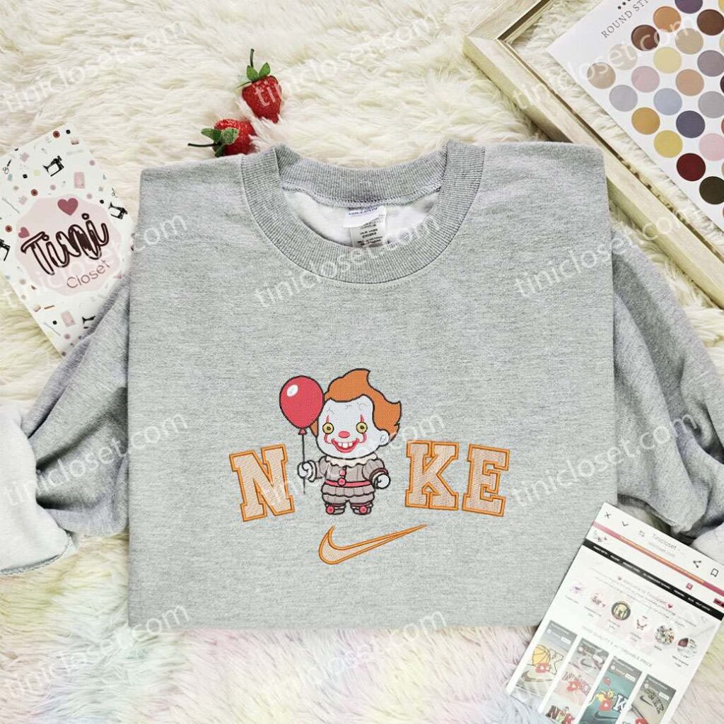Chibi Pennywise Embroidered Shirt, Horror Movie Embroidered Hoodie, Halloween Embroidered Sweatshirt