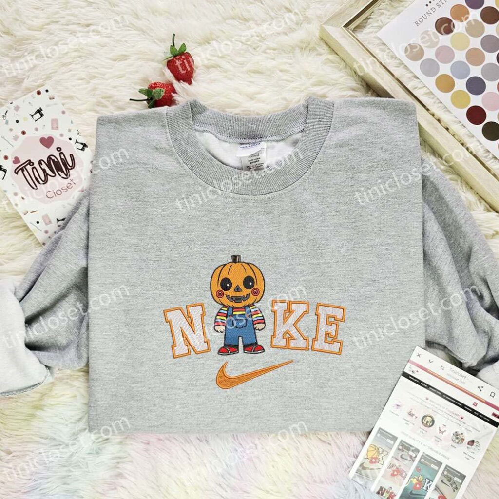 Chucky Pumpkin Head Embroidered Shirt, Horror Movie Embroidered Hoodie, Halloween Embroidered Sweatshirt