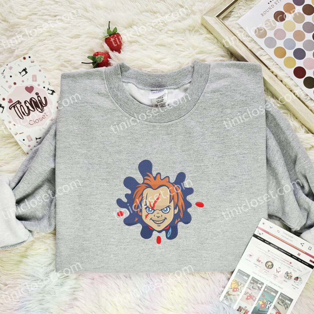 Chucky Splash Embroidered Shirt, Horror Movie Embroidered Hoodie, Halloween Embroidered Sweatshirt