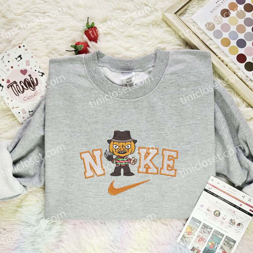 Freddy Krueger Pumpkin Head Embroidered Shirt, Horror Movie Embroidered Hoodie, Halloween Embroidered Sweatshirt
