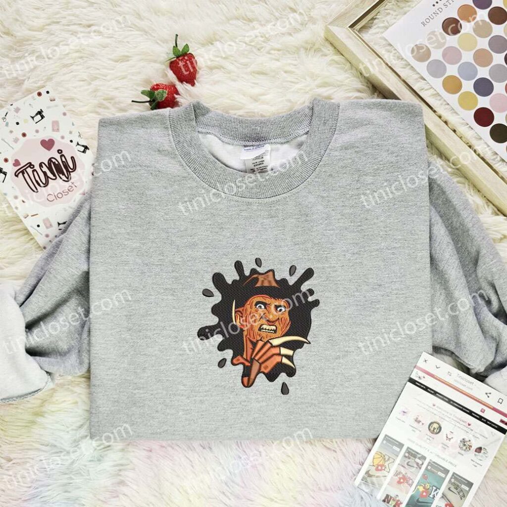 Freddy Krueger Splash Embroidered Shirt, Horror Movie Embroidered Hoodie, Halloween Embroidered Sweatshirt