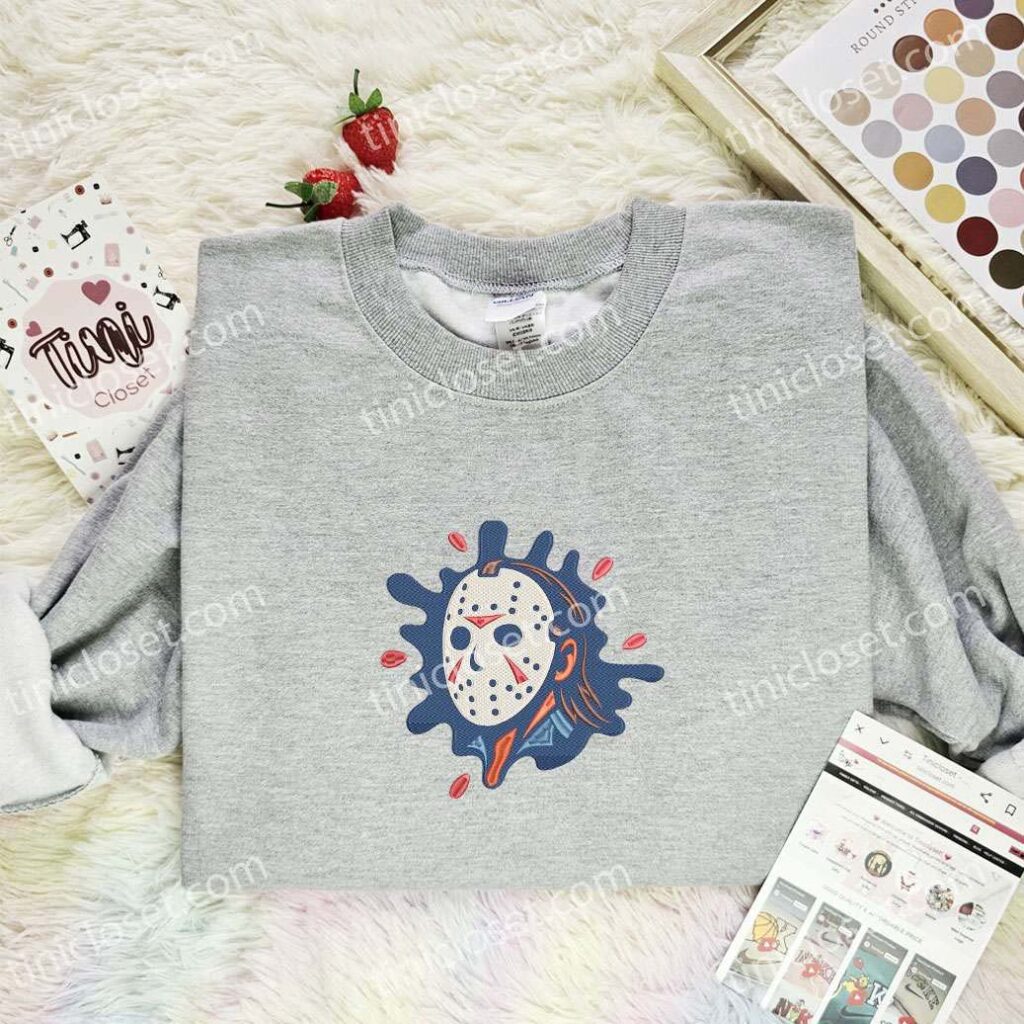 Jason Voorhees Splash Embroidered Shirt, Horror Movie Embroidered Hoodie, Halloween Embroidered Sweatshirt