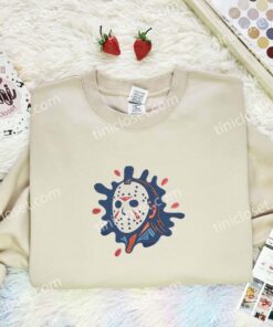 Jason Voorhees Splash Embroidered Shirt, Horror Movie Embroidered Hoodie, Halloween Embroidered Sweatshirt (3)