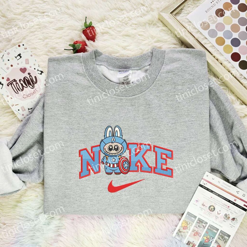 Labubu Captain America Embroidered Shirt, Superhero Embroidered Hoodie, Cartoon Embroidered Sweatshirt