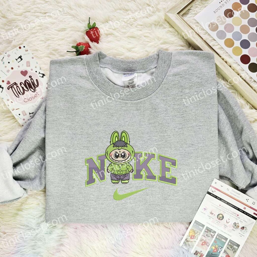 Labubu Hulk Embroidered Shirt, Superhero Embroidered Hoodie, Cartoon Embroidered Sweatshirt