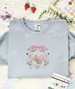Dumbo Flower Frame Embroidered Shirt, Disney Characters Embroidered Hoodie, Cartoon Embroidered T-Shirt