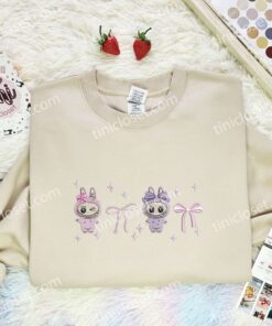 Fluffy Monsters Labubu Coquette Bow Embroidered Shirt, Cartoon Embroidered Hoodie, Best Birthday Gift Idea