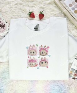 Fluffy Monsters Labubu Pink Coquette Faces Embroidered Shirt, Cartoon Embroidered Hoodie, Best Birthday Gift Idea (1)
