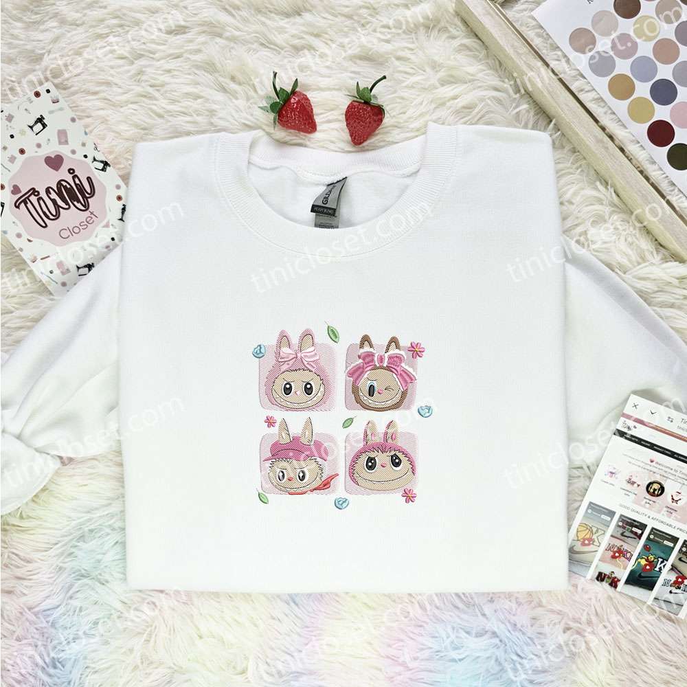 Fluffy Monsters Labubu Pink Coquette Faces Embroidered Shirt, Cartoon Embroidered Hoodie, Best Birthday Gift Idea
