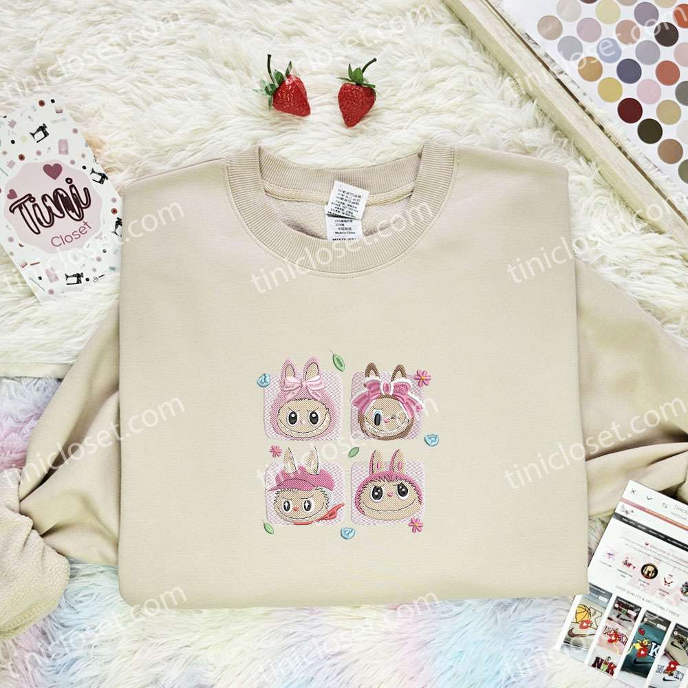 Fluffy Monsters Labubu Pink Coquette Faces Embroidered Shirt, Cartoon Embroidered Hoodie, Best Birthday Gift Idea
