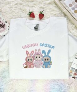 Labubu Easter Bunny Embroidered Shirt, Easter Day Embroidered Hoodie, Holiday Embroidered T Shirt (1)