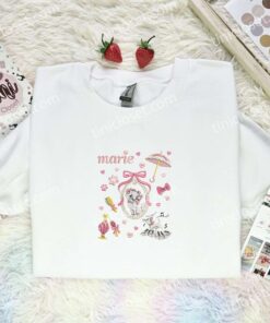 Marie Cat Pink Coquette Embroidered Shirt, Aristocat Embroidered Hoodie, Disney Characters Embroidered T Shirt (1)