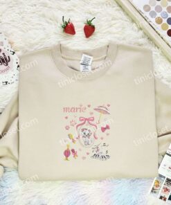 Marie Cat Pink Coquette Embroidered Shirt, Aristocat Embroidered Hoodie, Disney Characters Embroidered T Shirt (3)