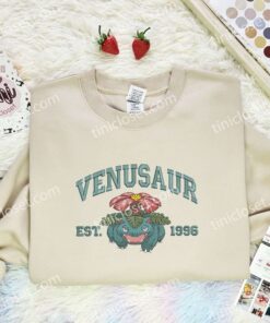 Venusaur Est 1996 Embroidered Shirt, Pokemon Embroidered Hoodie, Anime Embroidered Sweatshirt (1)