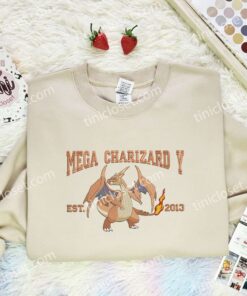 Mega Charizard Y Est 2013 Embroidered Shirt, Pokemon Embroidered Hoodie, Anime Embroidered Sweatshirt (1)