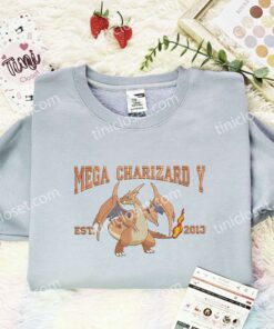Mega Charizard Y Est 2013 Embroidered Shirt, Pokemon Embroidered Hoodie, Anime Embroidered Sweatshirt (3)