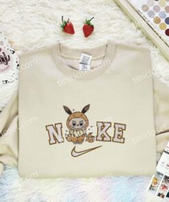 Labubu Eevee Embroidered Shirt, Pokemon Anime Embroidered Hoodie, Cartoon Embroidered Sweatshirt (1)