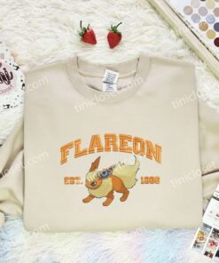 Flareon Est 1996 Embroidered Shirt, Pokemon Embroidered Hoodie, Anime Embroidered Sweatshirt