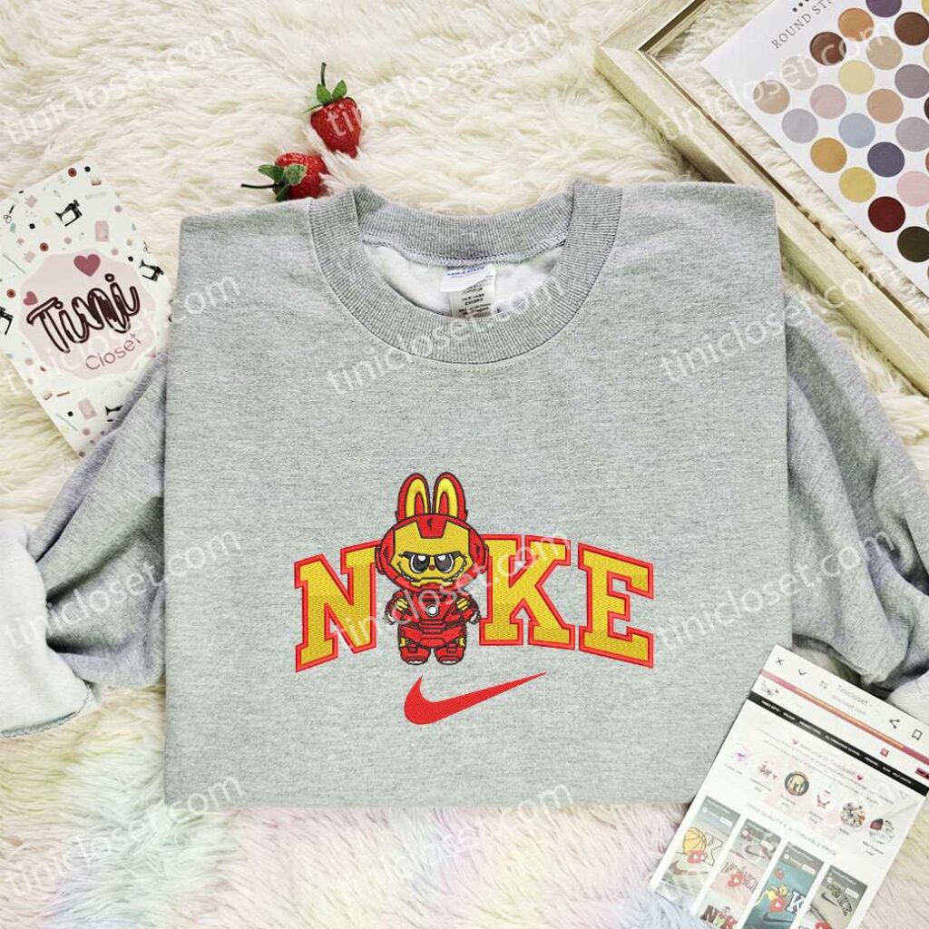 Labubu Iron Man Embroidered Shirt, Superhero Embroidered Hoodie, Cartoon Embroidered Sweatshirt