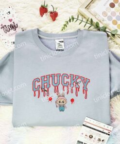 Labubu Chucky Embroidered Shirt, Art Toy Embroidered Hoodie, Halloween Embroidered T Shirt (1)