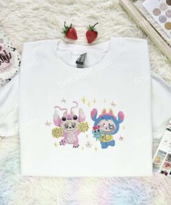 Labubu Stitch And Angel Embroidered Shirt, Art Toy Embroidered Hoodie, Best Gift Idea (1)