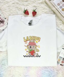 Labubu Strawberry Fluffy Monster Embroidered Shirt, Art Toy Embroidered Hoodie, Best Gift Idea (1)