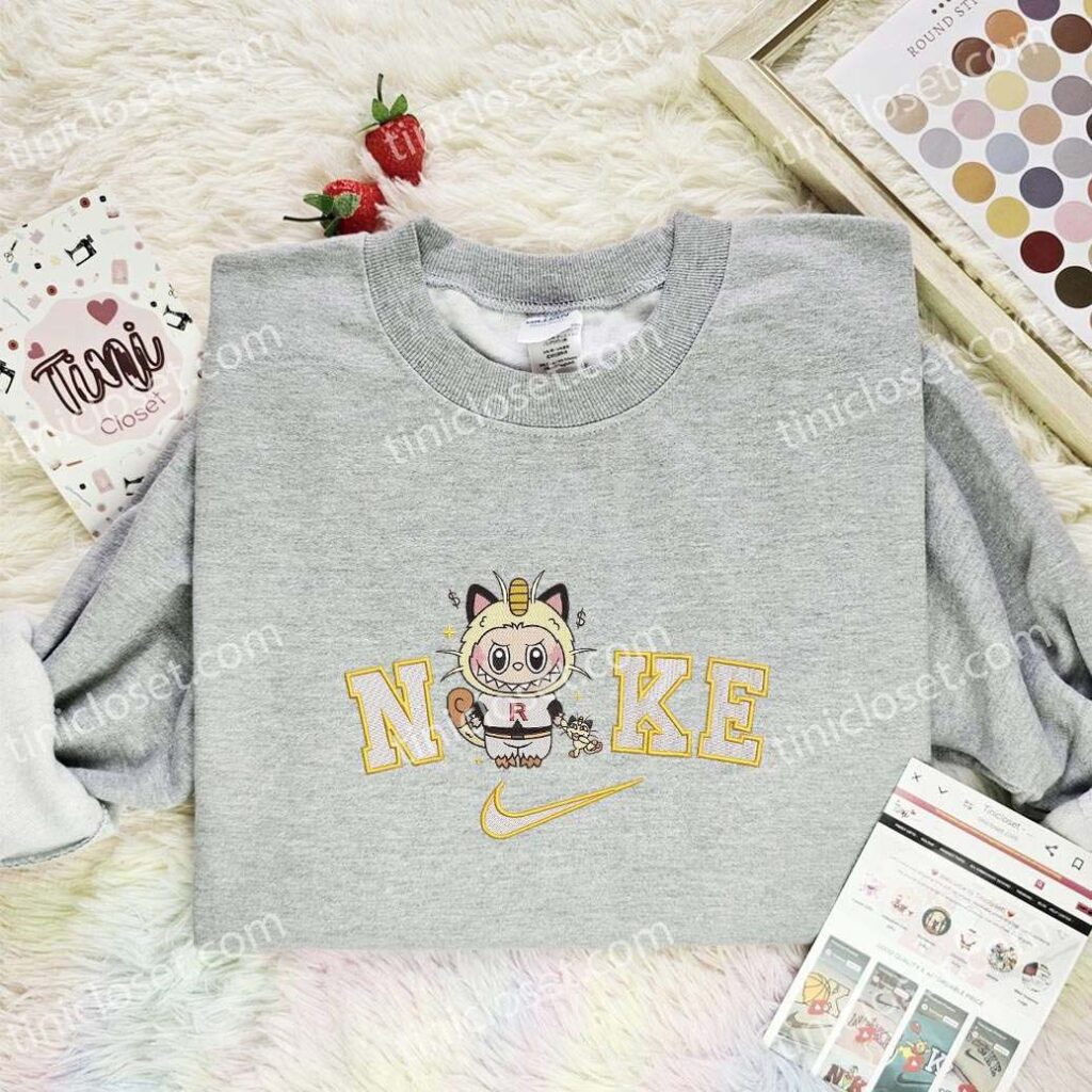 Labubu Meowth Embroidered Shirt, Pokemon Anime Embroidered Hoodie, Cartoon Embroidered Sweatshirt