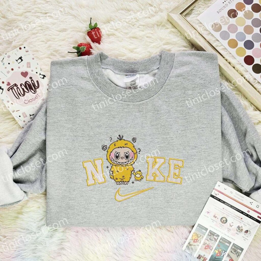 Labubu Psyduck Embroidered Shirt, Pokemon Anime Embroidered Hoodie, Cartoon Embroidered Sweatshirt