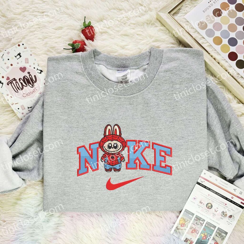 Labubu Spiderman Embroidered Shirt, Superhero Embroidered Hoodie, Cartoon Embroidered Sweatshirt