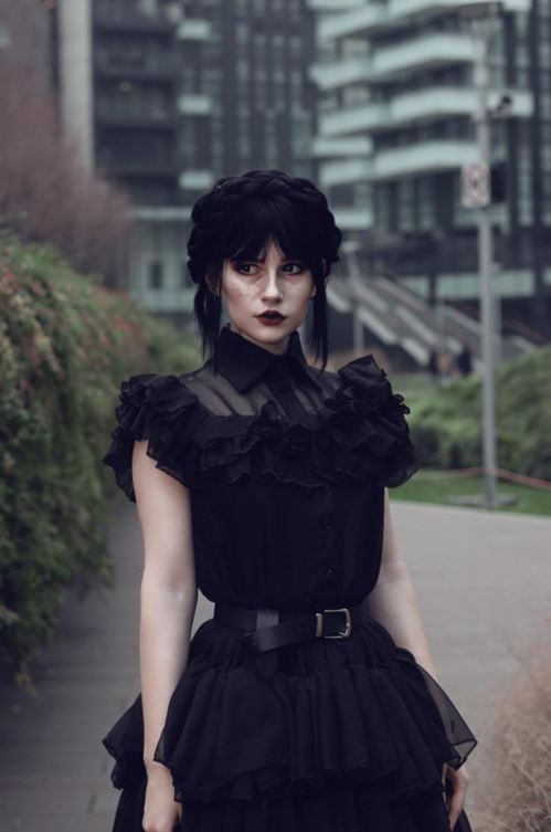 Perfect Wednesday Addams cosplay.
