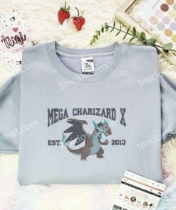 Mega Charizard X Est 2013 Embroidered Shirt, Pokemon Embroidered Hoodie, Anime Embroidered Sweatshirt (2)