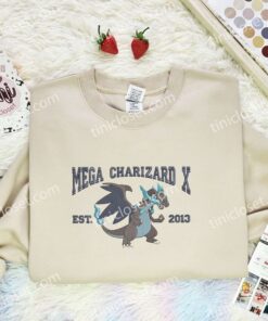 Mega Charizard X Est 2013 Embroidered Shirt, Pokemon Embroidered Hoodie, Anime Embroidered Sweatshirt (3)