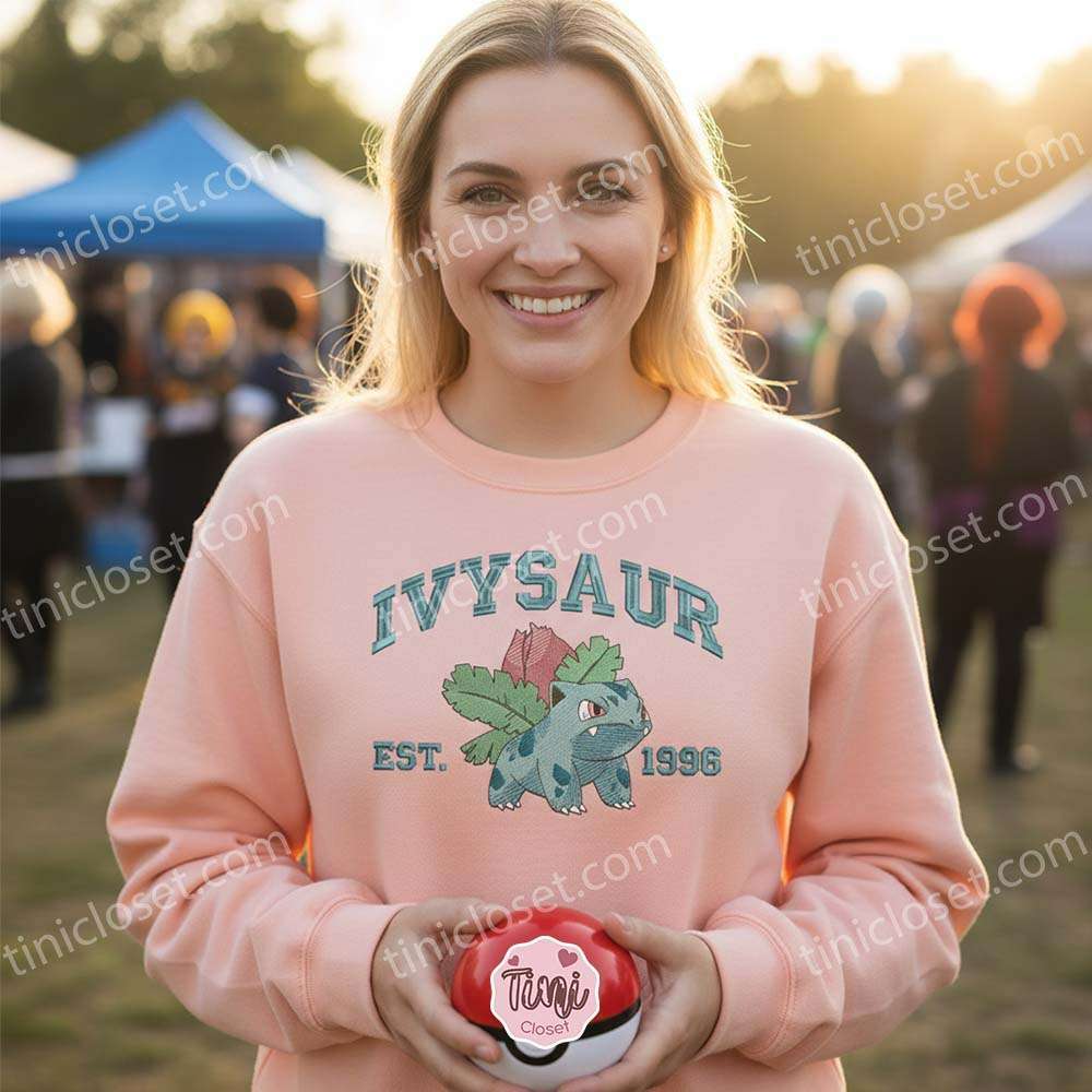 Ivysaur Bulbasaur Evolution Embroidered Sweatshirt, Vintage Est 1996 Pokemon Crewneck, Grass Type Pokemon Gift