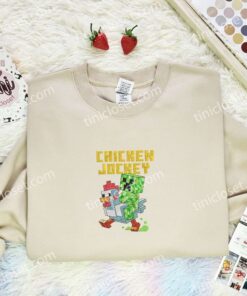Minecraft Chicken Jockey Embroidered Shirt, Cartoon Embroidered Hoodie, Video Game Characters Embroidered T Shirt (1)