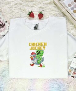 Minecraft Chicken Jockey Embroidered Shirt, Cartoon Embroidered Hoodie, Video Game Characters Embroidered T Shirt (2)