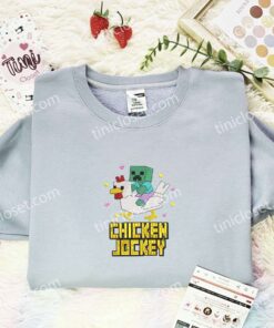 Minecraft Chicken Jockey Embroidered Shirt, Cartoon Embroidered Hoodie, Video Game Characters Embroidered T Shirt (1)