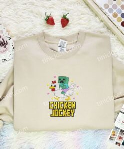 Minecraft Chicken Jockey Embroidered Shirt, Cartoon Embroidered Hoodie, Video Game Characters Embroidered T Shirt (2)
