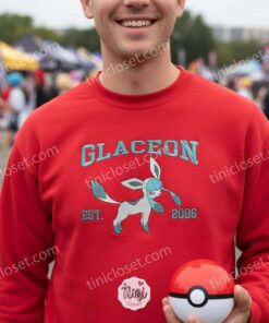 Glaceon Est 2006 Embroidered Sweatshirt, Pokemon Eevee Evolution Hoodie, Ice Type Anime T shirt, Custom Crewneck (1)