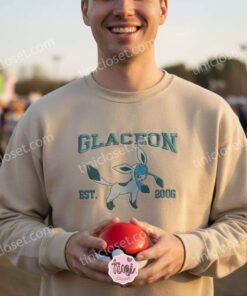 Glaceon Est 2006 Embroidered Sweatshirt, Pokemon Eevee Evolution Hoodie, Ice Type Anime T shirt, Custom Crewneck (4)