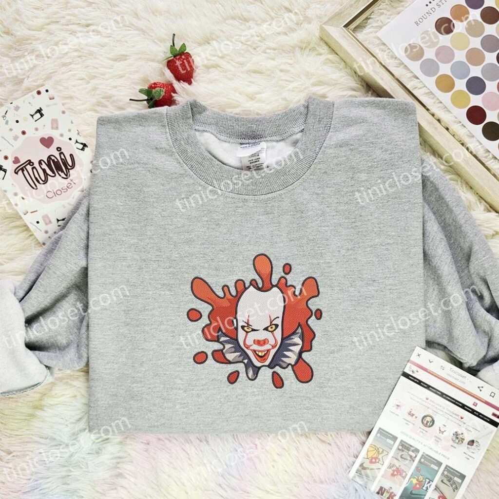 Pennywise Splash Embroidered Shirt, Horror Movie Embroidered Hoodie, Halloween Embroidered Sweatshirt