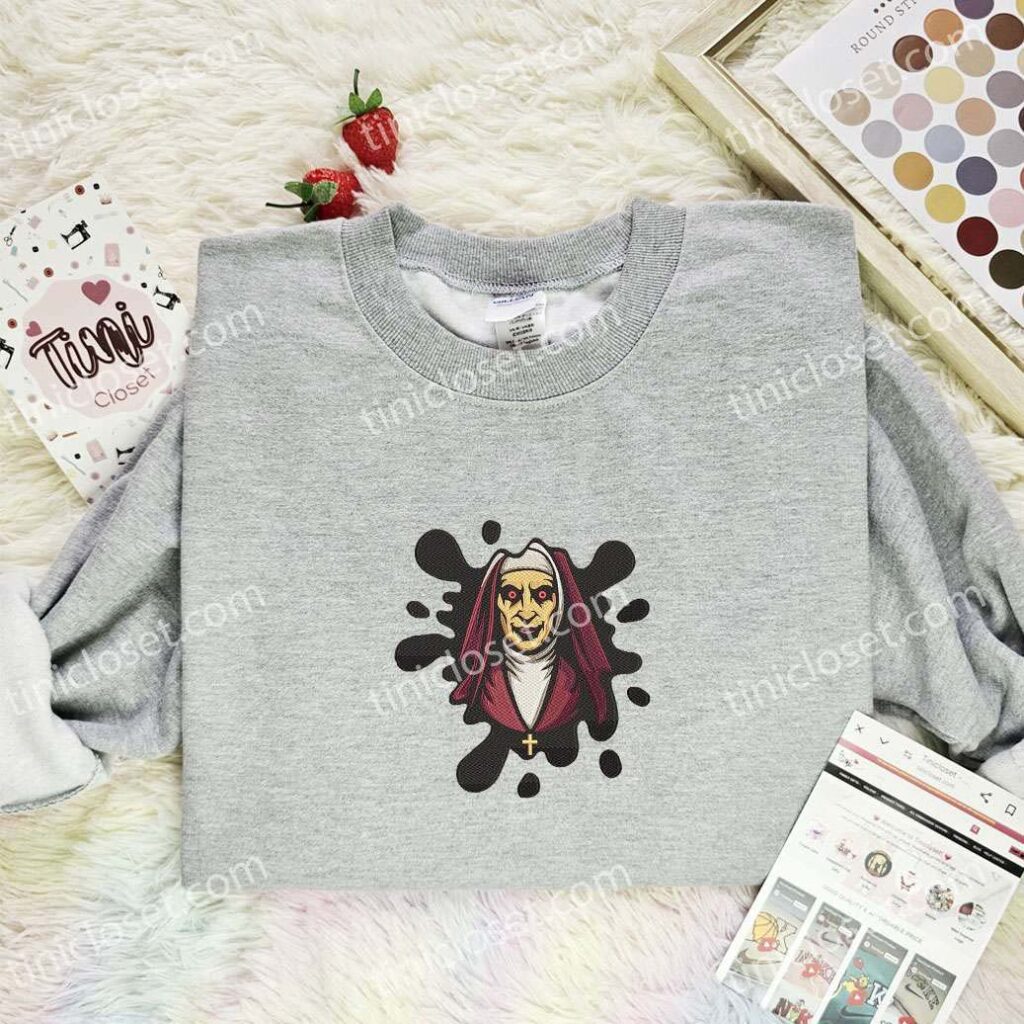 Valak Nun Splash Embroidered Shirt, Horror Movie Embroidered Hoodie, Halloween Embroidered Sweatshirt