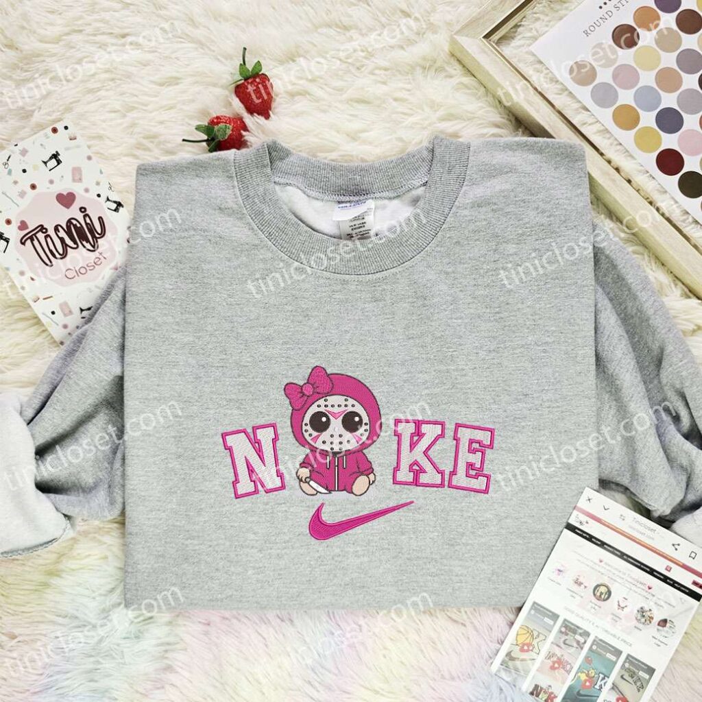 Baby Jason Voorhees Pink Bow Embroidered Shirt, Horror Movie Embroidered Hoodie, Halloween Embroidered Sweatshirt
