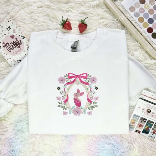 Piglet Coquette Frame Embroidered Shirt, Disney Characters Embroidered Hoodie, Cartoon Embroidered T-Shirt