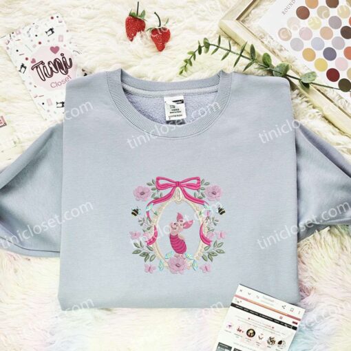 Piglet Coquette Frame Embroidered Shirt, Disney Characters Embroidered Hoodie, Cartoon Embroidered T-Shirt