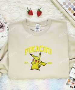 Pikachu Est 1996 Embroidered Shirt, Pokemon Embroidered Hoodie, Anime Embroidered Sweatshirt (1)