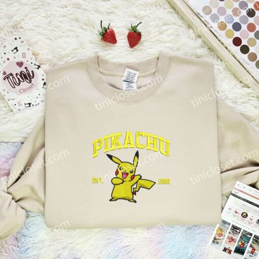 Pikachu Est 1996 Embroidered Shirt, Pokemon Embroidered Hoodie, Anime Embroidered Sweatshirt