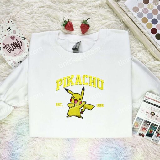 Pikachu Est 1996 Embroidered Shirt, Pokemon Embroidered Hoodie, Anime Embroidered Sweatshirt